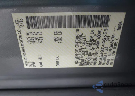 2016 Nissan Maxima 3.5 Platinum/3.5 S/3.5 Sl/3.5 Sr/3.5 Sv z USA, uszkodzony, nr VIN 1N4AA6AP9GC446565